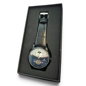 Forsining TM339 Automatic Mechanical Watch Moon Phase Open Heart Black Gold 43mm